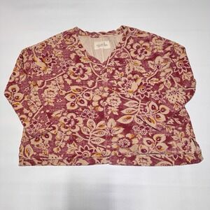 Anthropologie Pilcro Moira Oversize V-Neck Floral Print Waffle Top Pink Cream XS